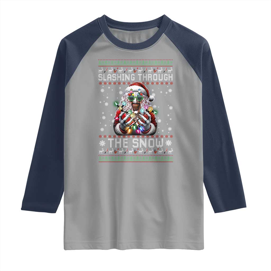 Funny Terrifier Christmas Santa Raglan Shirt Slashing Through The Snow Xmas Horror Movie - Wonder Print Shop