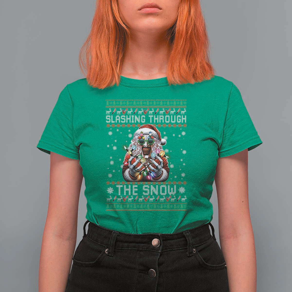 Funny Terrifier Christmas Santa T Shirt For Women Slashing Through The Snow Xmas Horror Movie - Wonder Print Shop