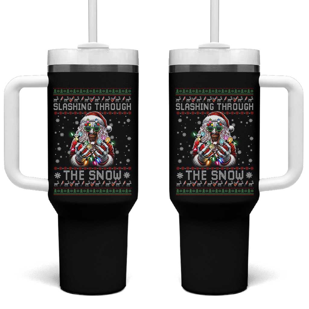 Funny Terrifier Christmas Santa Tumbler With Handle Slashing Through The Snow Xmas Horror Movie - Wonder Print Shop