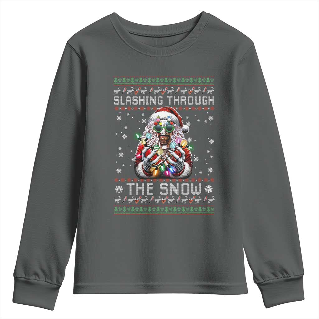Funny Terrifier Christmas Santa Youth Sweatshirt Slashing Through The Snow Xmas Horror Movie - Wonder Print Shop