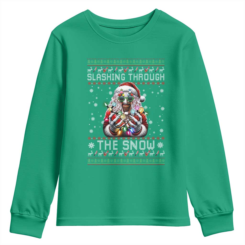 Funny Terrifier Christmas Santa Youth Sweatshirt Slashing Through The Snow Xmas Horror Movie - Wonder Print Shop
