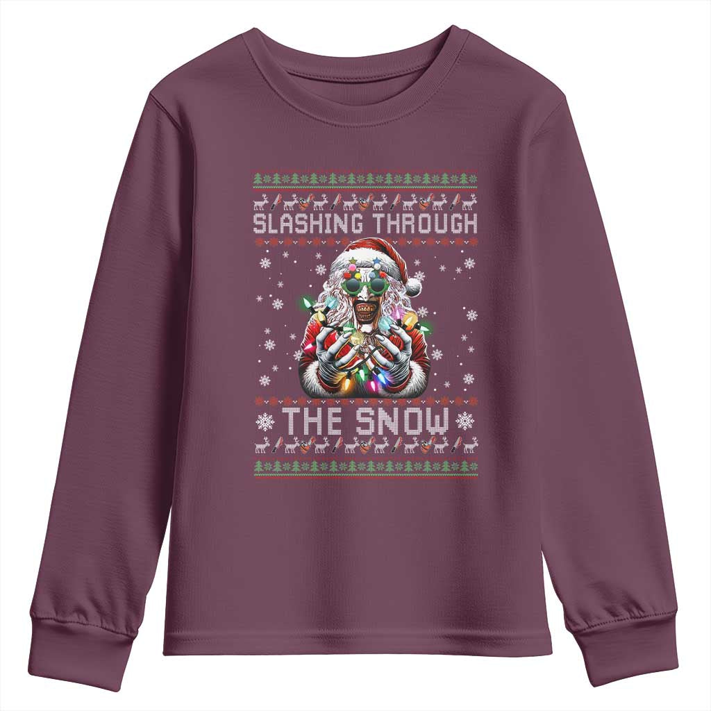 Funny Terrifier Christmas Santa Youth Sweatshirt Slashing Through The Snow Xmas Horror Movie - Wonder Print Shop