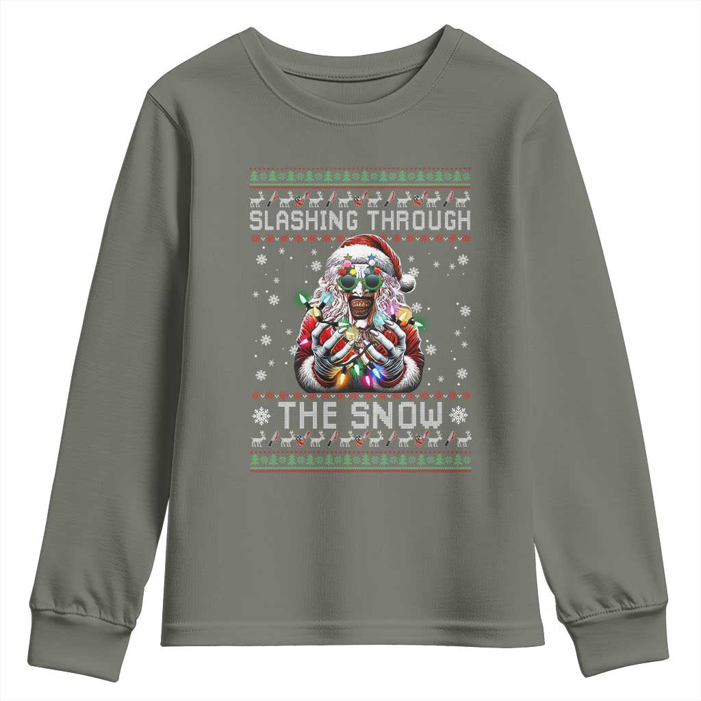 Funny Terrifier Christmas Santa Youth Sweatshirt Slashing Through The Snow Xmas Horror Movie - Wonder Print Shop
