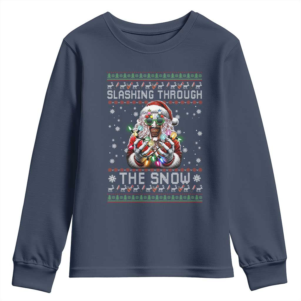 Funny Terrifier Christmas Santa Youth Sweatshirt Slashing Through The Snow Xmas Horror Movie - Wonder Print Shop