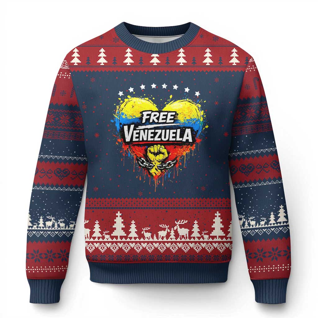 Free Venezuela Ugly Christmas Sweater Freedom Venezuelan Flag Hand Fist Graphic - Wonder Print Shop