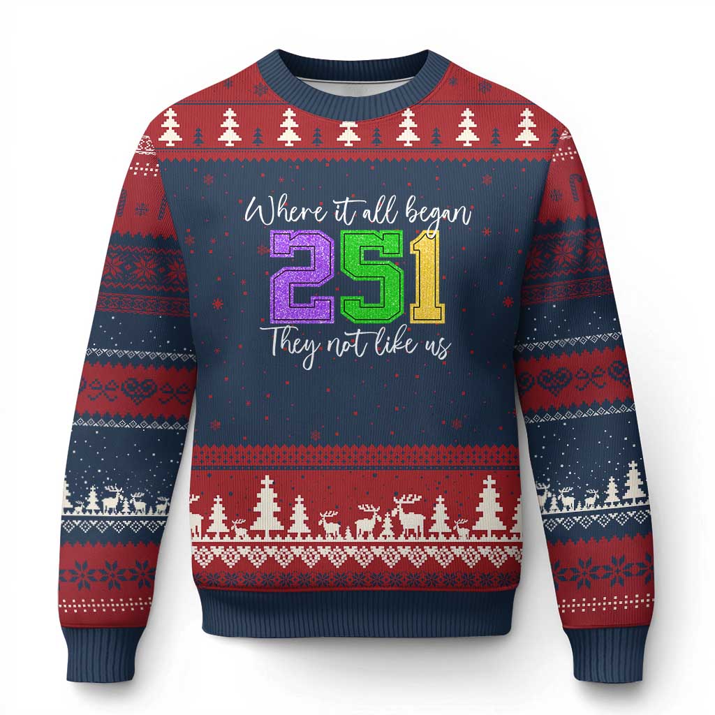 251 Mardi Gras Mobile Alabama Ugly Christmas Sweater Where It All Began Fat Tuesday Carnival Glitter Print