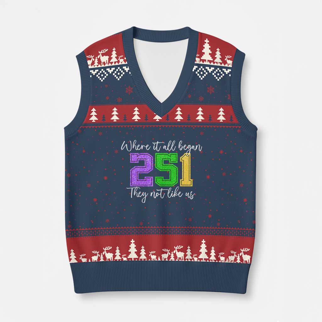 251 Mardi Gras Mobile Alabama V-Neck Knit Sweater Vest Where It All Began Fat Tuesday Carnival Glitter Print