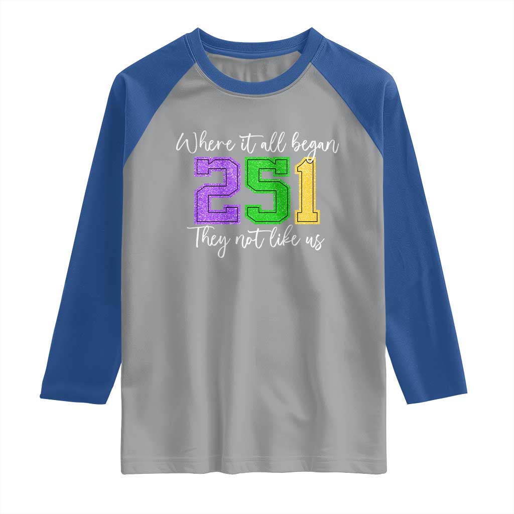 251 Mardi Gras Mobile Alabama Raglan Shirt Where It All Began Fat Tuesday Carnival Glitter Print