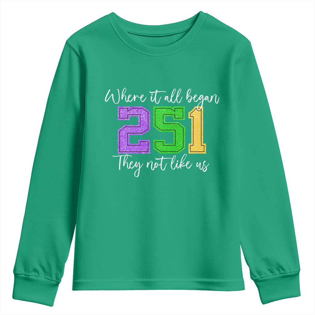 251 Mardi Gras Mobile Alabama Youth Sweatshirt Where It All Began Fat Tuesday Carnival Glitter Print