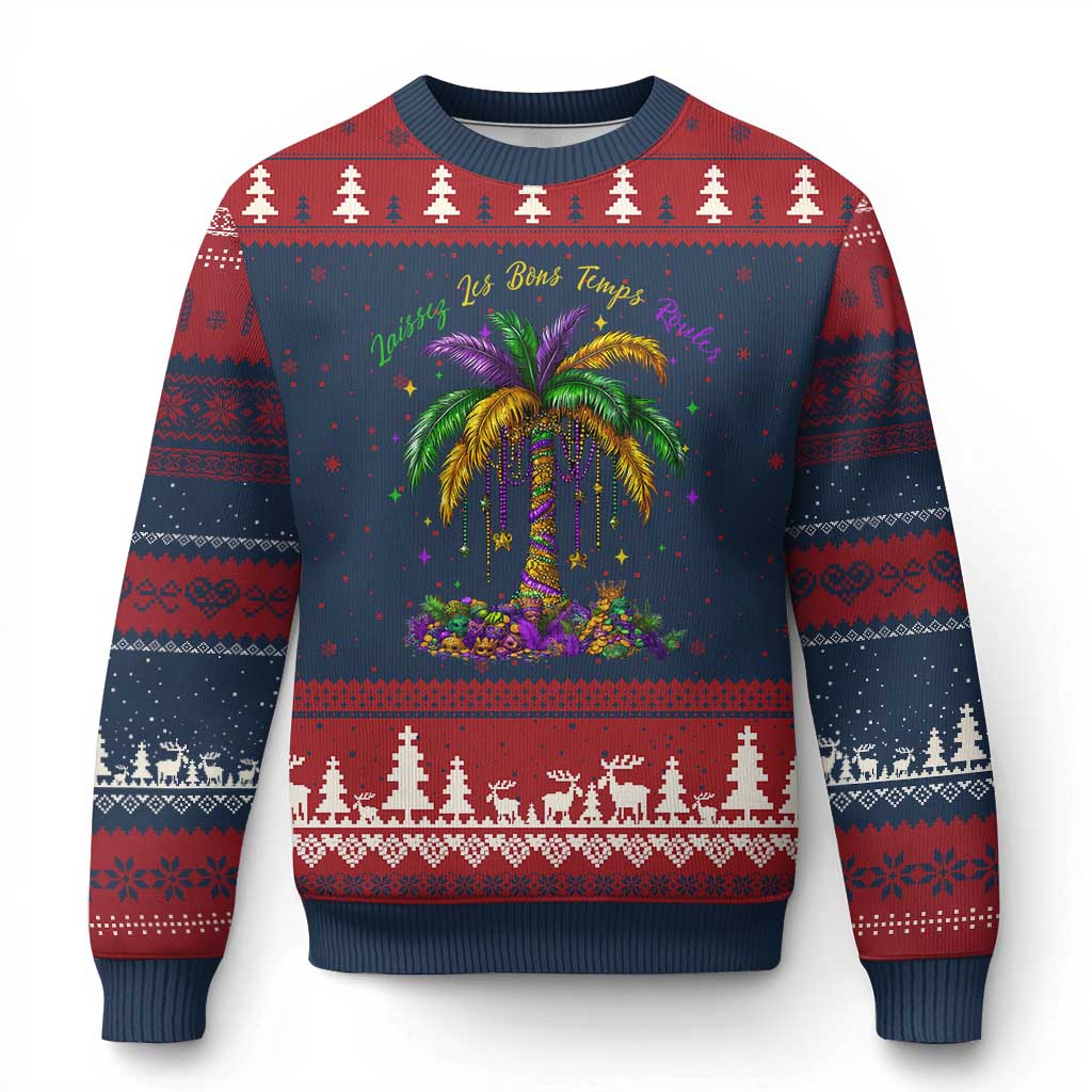 Funny Mardi Gras Coconut Palm Tree Ugly Christmas Sweater Laissez Les Bons Temps Rouler Beads Masks