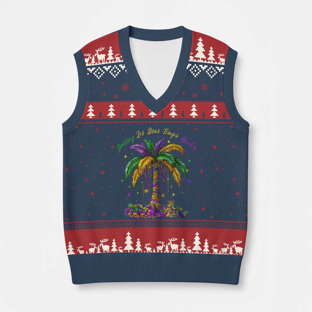 Funny Mardi Gras Coconut Palm Tree V-Neck Knit Sweater Vest Laissez Les Bons Temps Rouler Beads Masks