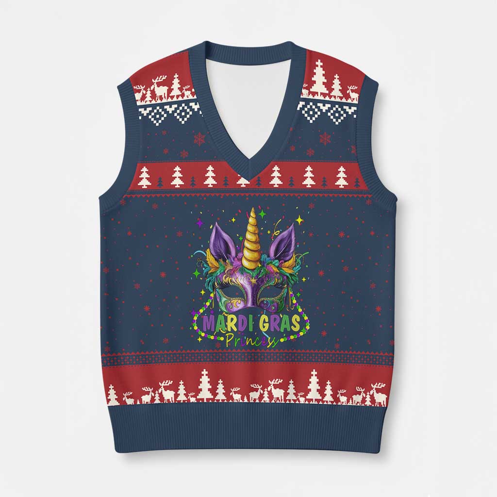 Funny Mardi Gras Princess V-Neck Knit Sweater Vest Unicorn Mask Party