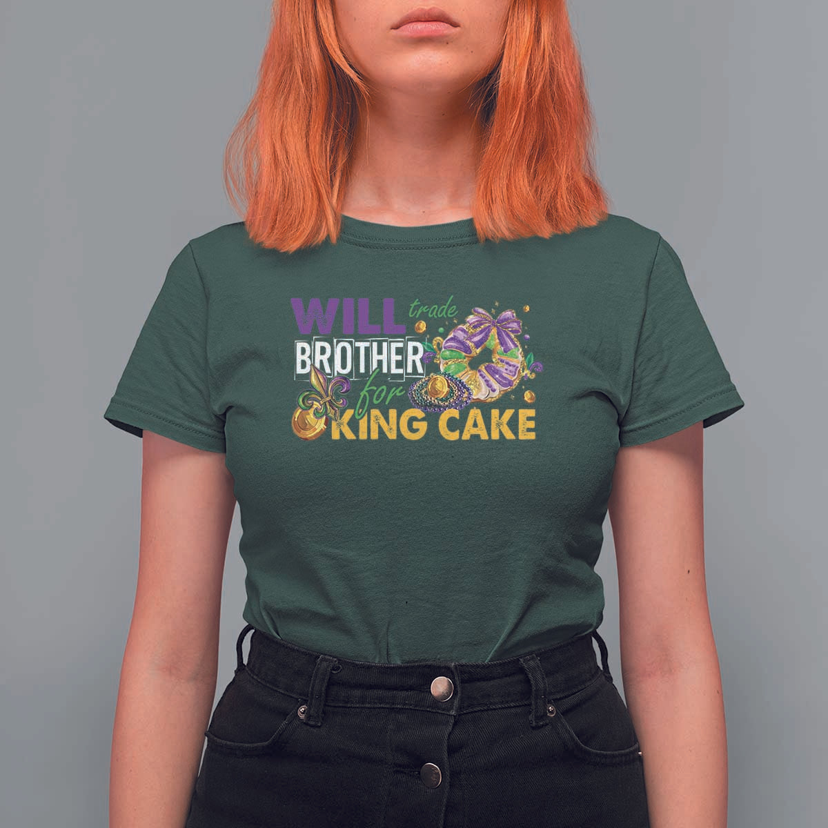 Funny Mardi Gras Will Trade Brother For King Cake T Shirt For Women Beads Doubloons