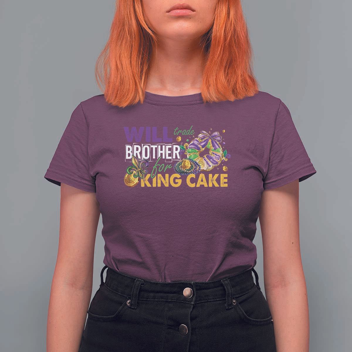 Funny Mardi Gras Will Trade Brother For King Cake T Shirt For Women Beads Doubloons