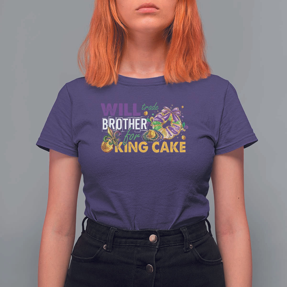 Funny Mardi Gras Will Trade Brother For King Cake T Shirt For Women Beads Doubloons