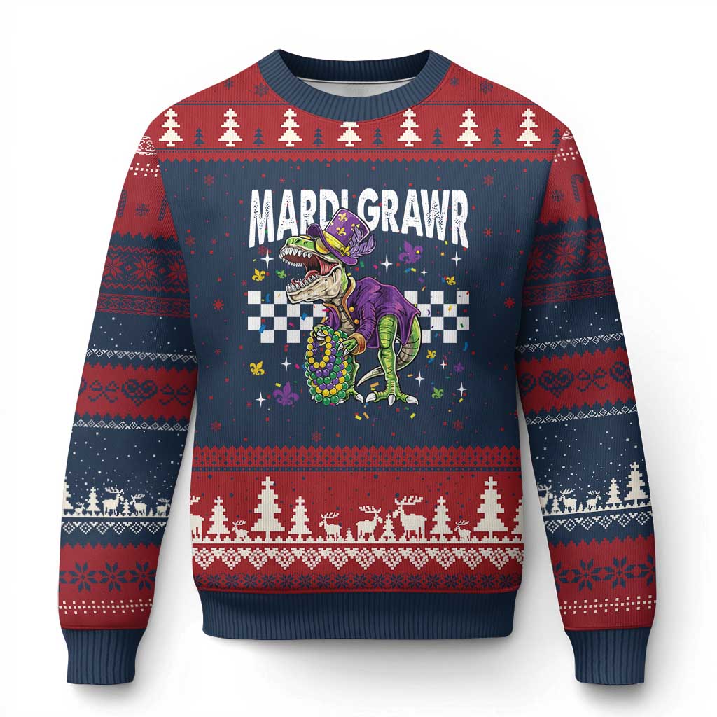 Funny Mardi Gras T-rex Dinosaur Ugly Christmas Sweater Mardi Grawr Beads Carnival Party
