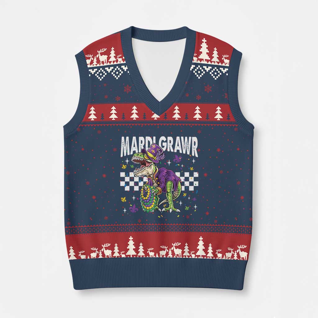 Funny Mardi Gras T-rex Dinosaur V-Neck Knit Sweater Vest Mardi Grawr Beads Carnival Party
