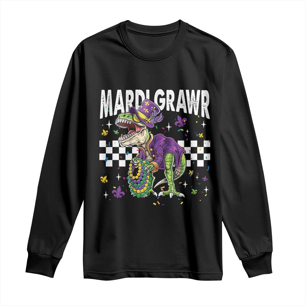 Funny Mardi Gras T-rex Dinosaur Long Sleeve Shirt Mardi Grawr Beads Carnival Party