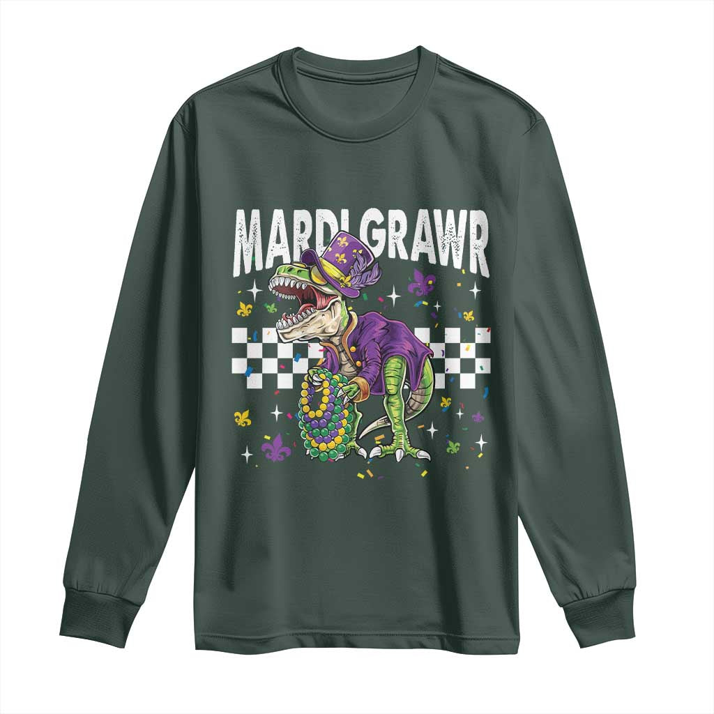 Funny Mardi Gras T-rex Dinosaur Long Sleeve Shirt Mardi Grawr Beads Carnival Party