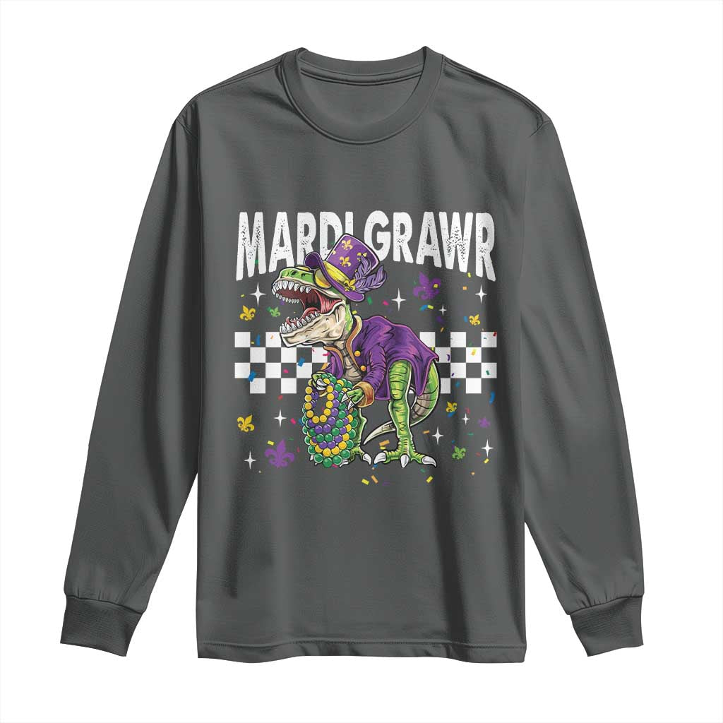 Funny Mardi Gras T-rex Dinosaur Long Sleeve Shirt Mardi Grawr Beads Carnival Party
