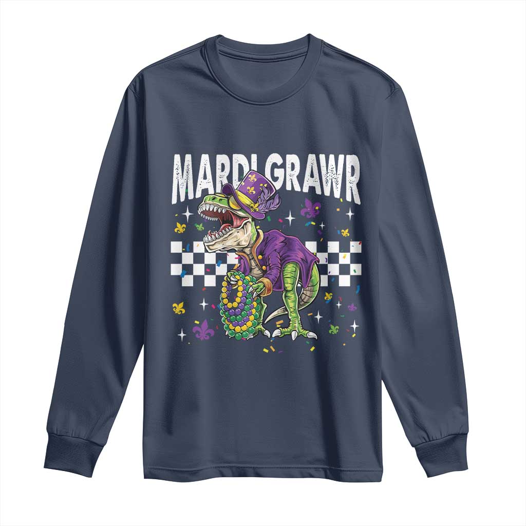 Funny Mardi Gras T-rex Dinosaur Long Sleeve Shirt Mardi Grawr Beads Carnival Party