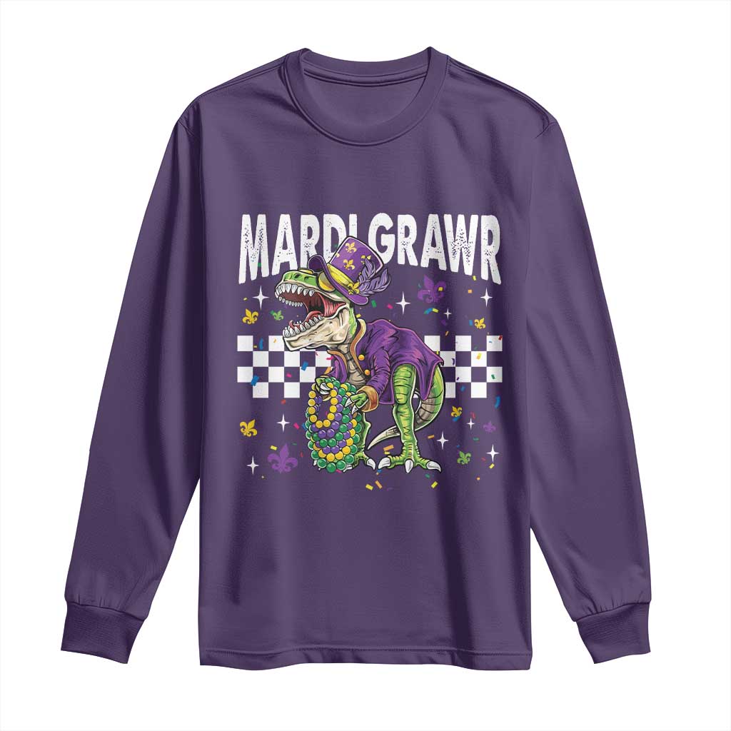 Funny Mardi Gras T-rex Dinosaur Long Sleeve Shirt Mardi Grawr Beads Carnival Party