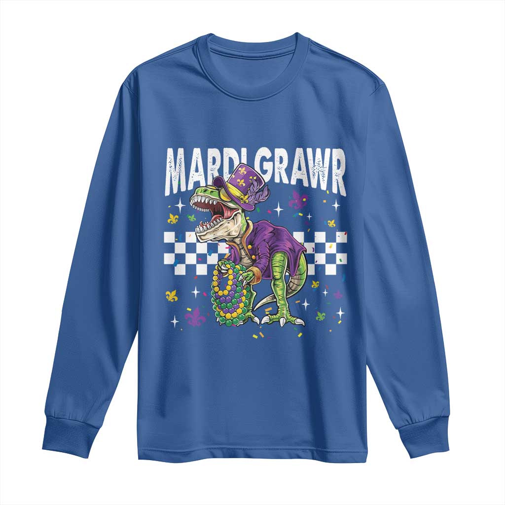 Funny Mardi Gras T-rex Dinosaur Long Sleeve Shirt Mardi Grawr Beads Carnival Party
