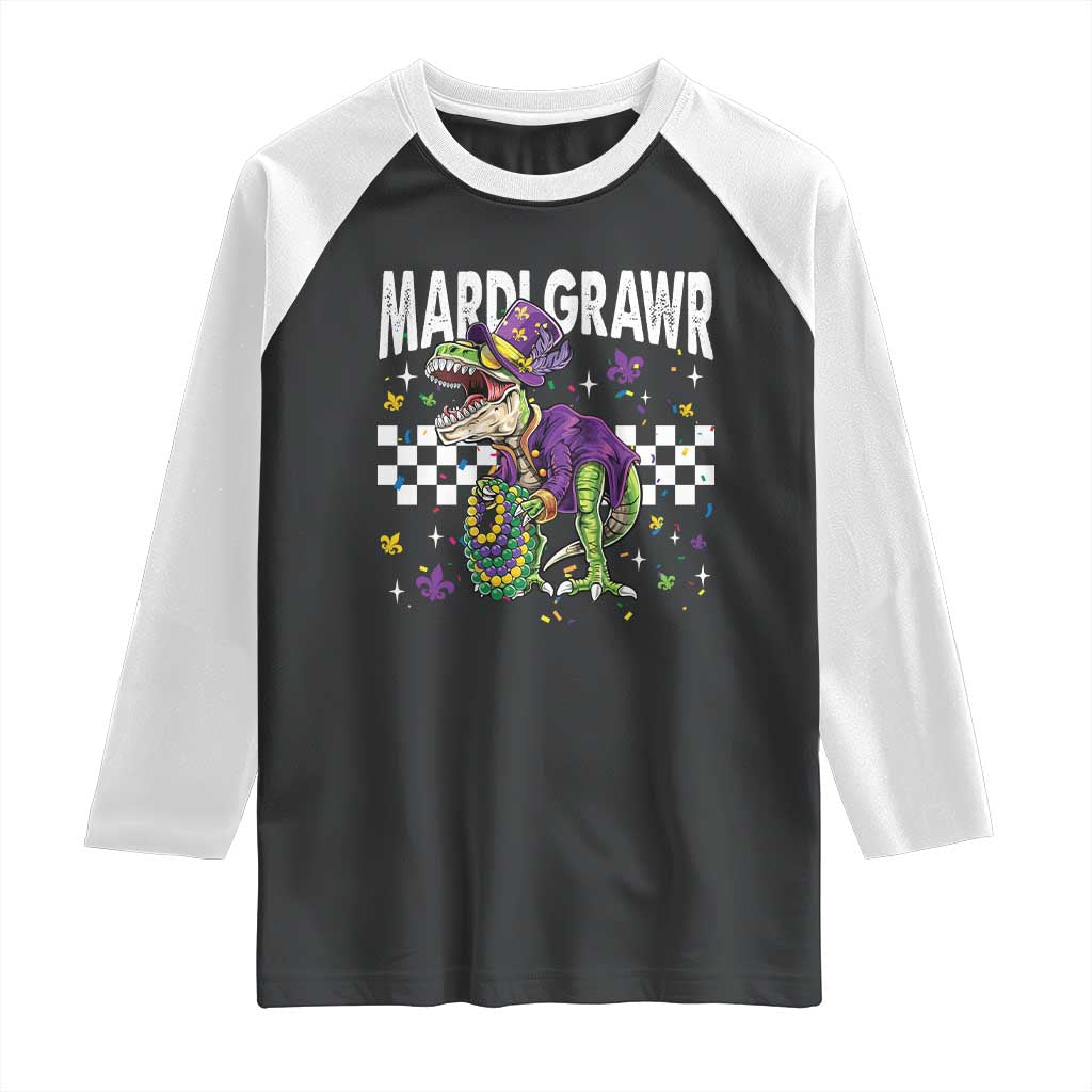 Funny Mardi Gras T-rex Dinosaur Raglan Shirt Mardi Grawr Beads Carnival Party