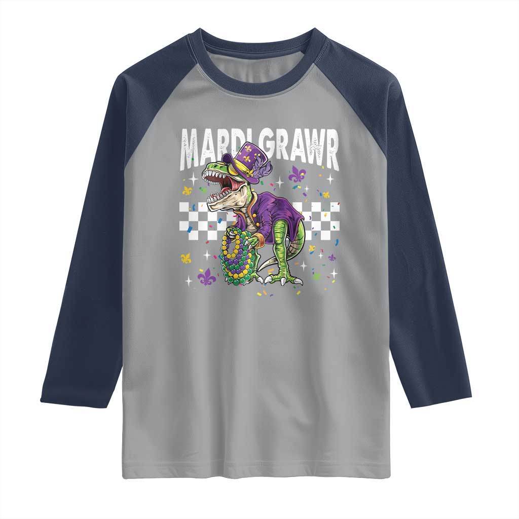 Funny Mardi Gras T-rex Dinosaur Raglan Shirt Mardi Grawr Beads Carnival Party