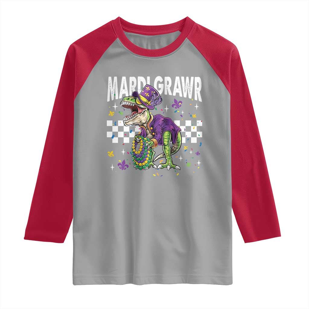 Funny Mardi Gras T-rex Dinosaur Raglan Shirt Mardi Grawr Beads Carnival Party