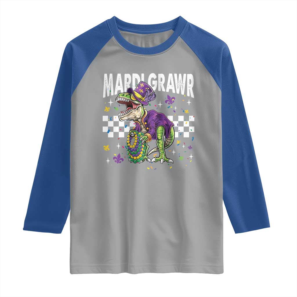 Funny Mardi Gras T-rex Dinosaur Raglan Shirt Mardi Grawr Beads Carnival Party