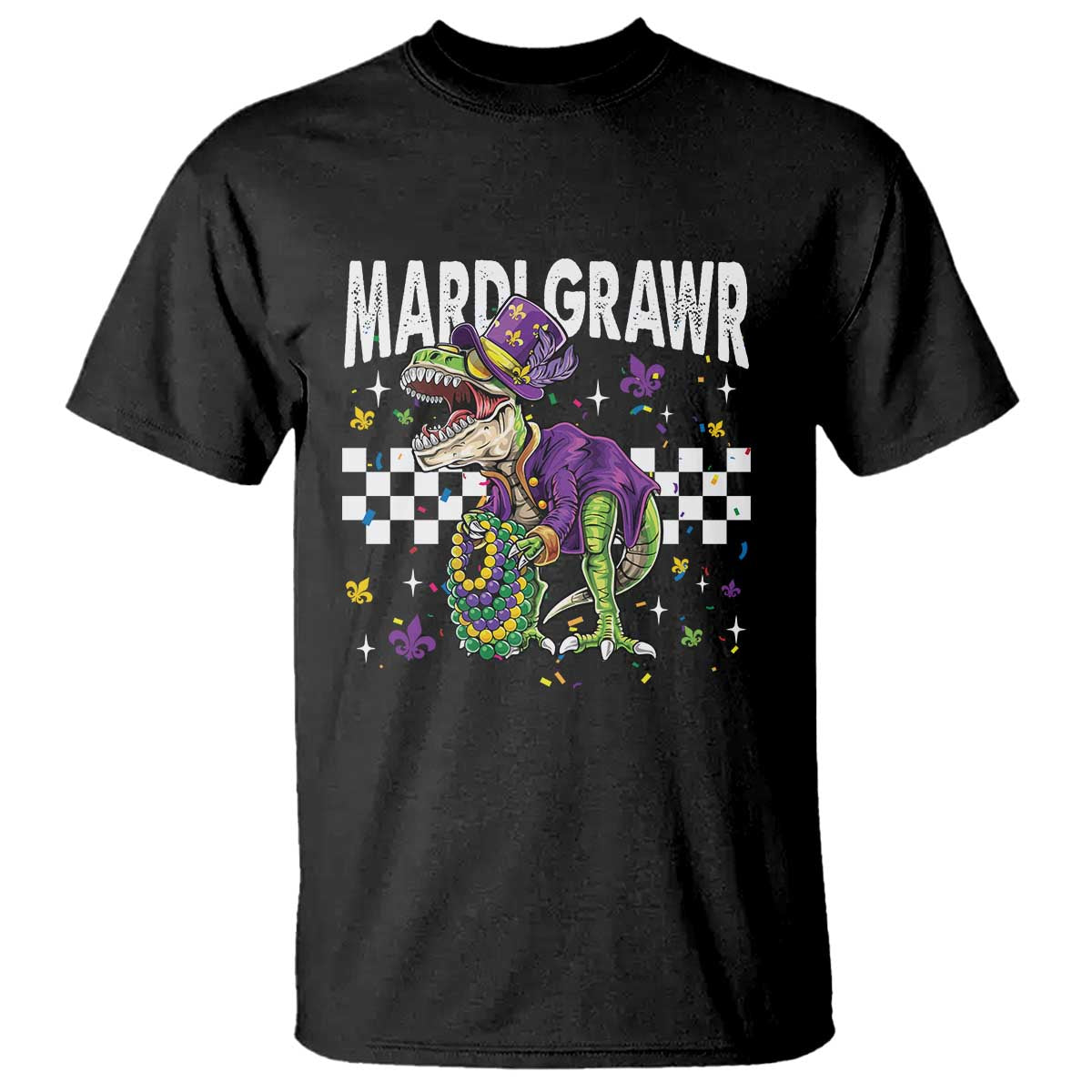 Funny Mardi Gras T-rex Dinosaur T Shirt Mardi Grawr Beads Carnival Party