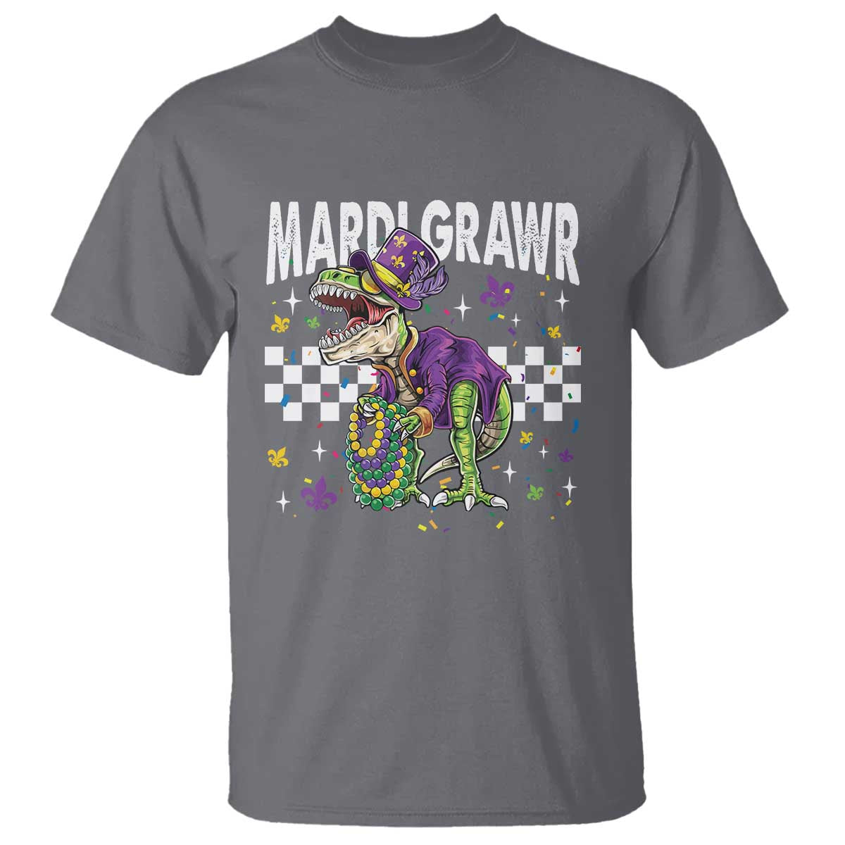 Funny Mardi Gras T-rex Dinosaur T Shirt Mardi Grawr Beads Carnival Party