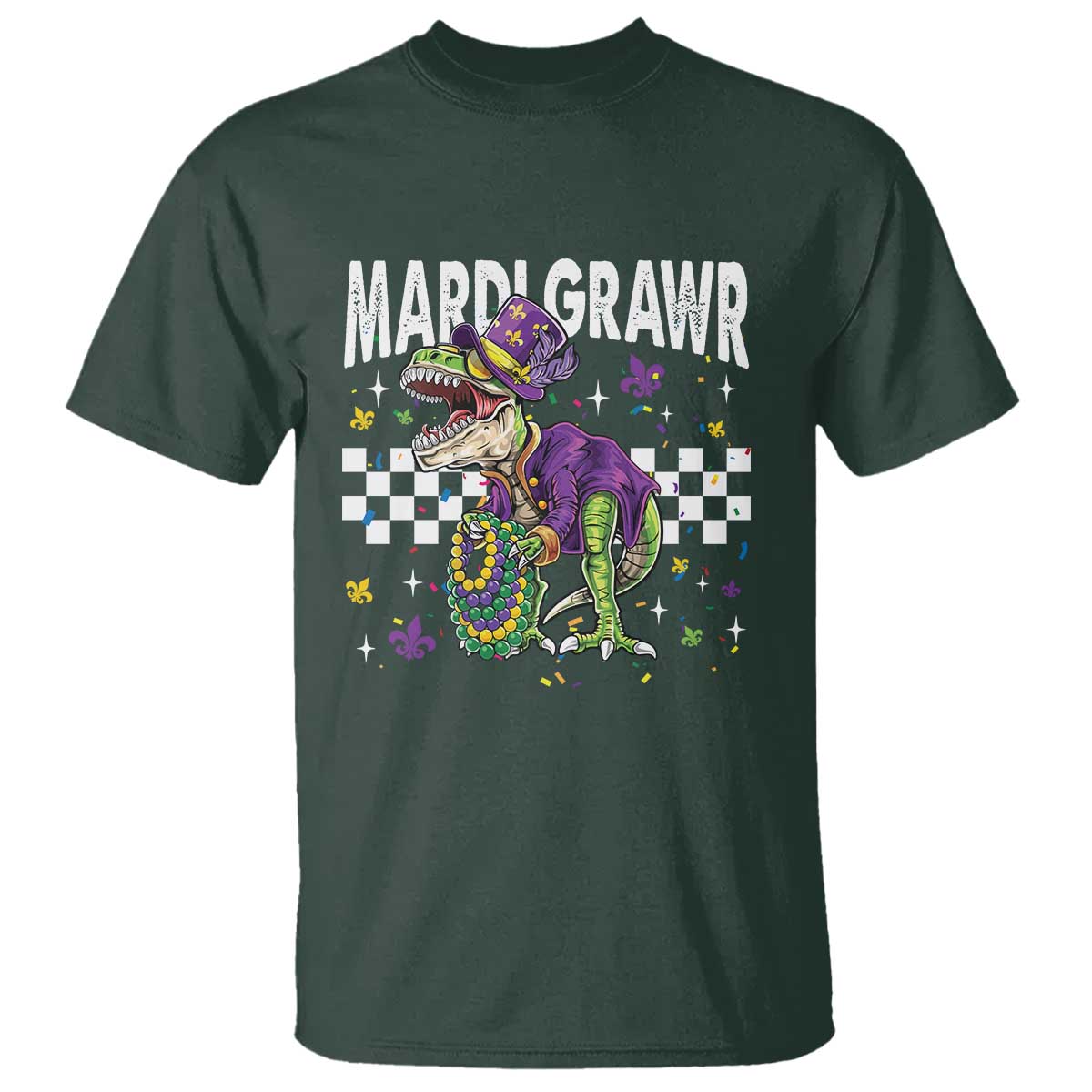 Funny Mardi Gras T-rex Dinosaur T Shirt Mardi Grawr Beads Carnival Party