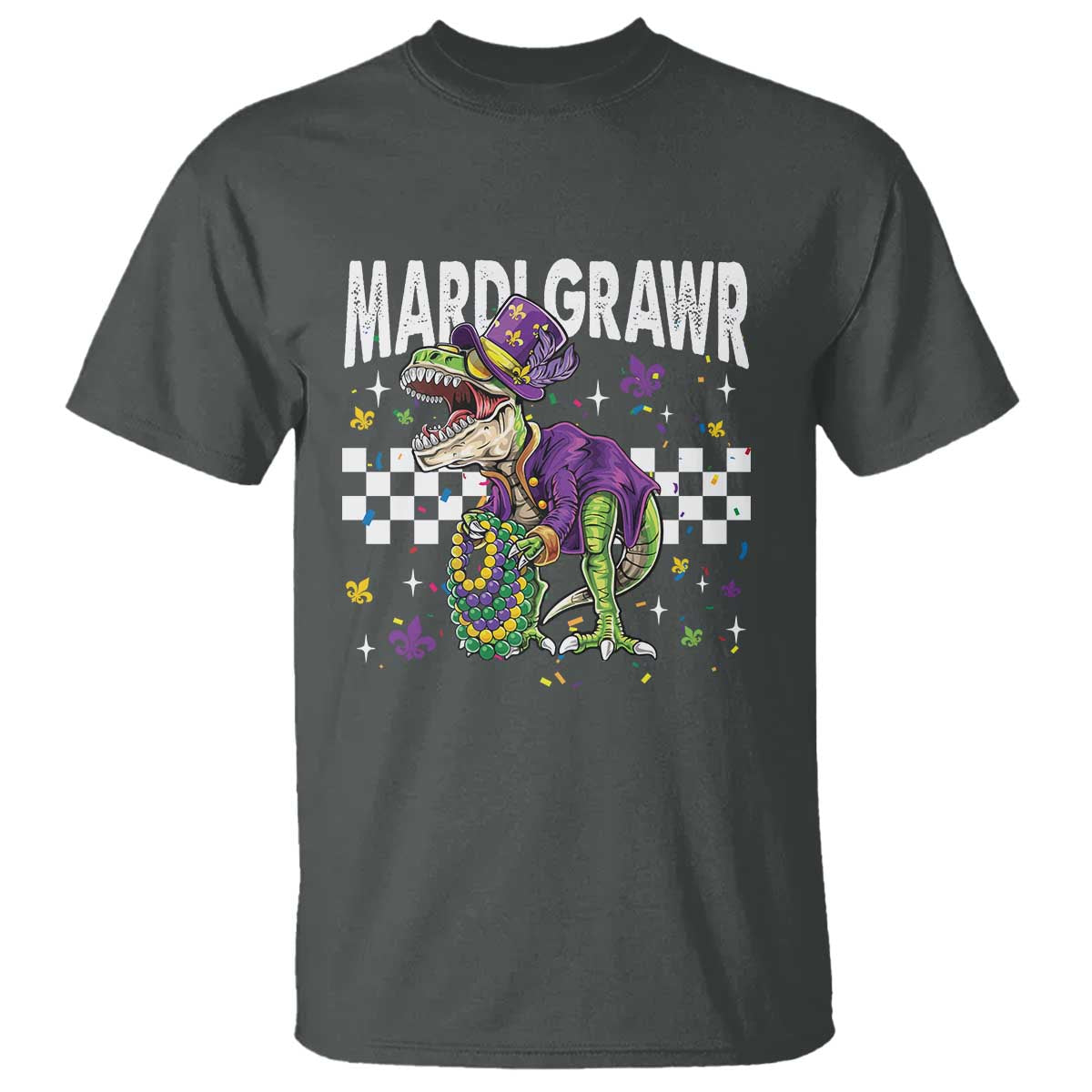 Funny Mardi Gras T-rex Dinosaur T Shirt Mardi Grawr Beads Carnival Party