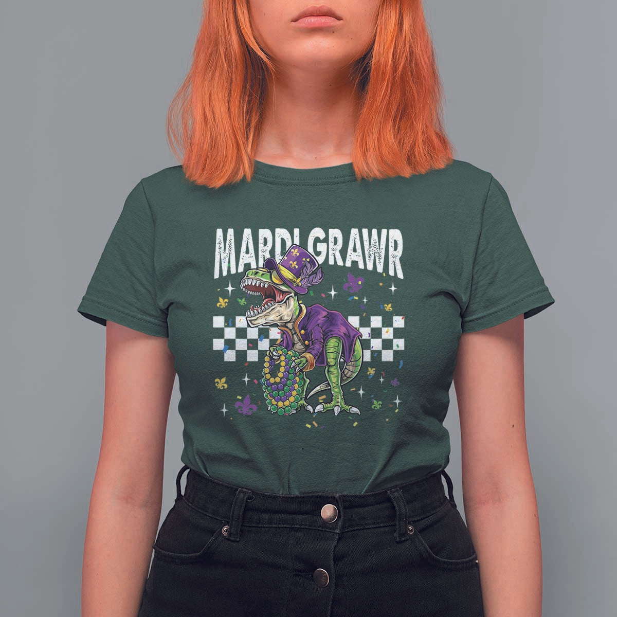 Funny Mardi Gras T-rex Dinosaur T Shirt For Women Mardi Grawr Beads Carnival Party