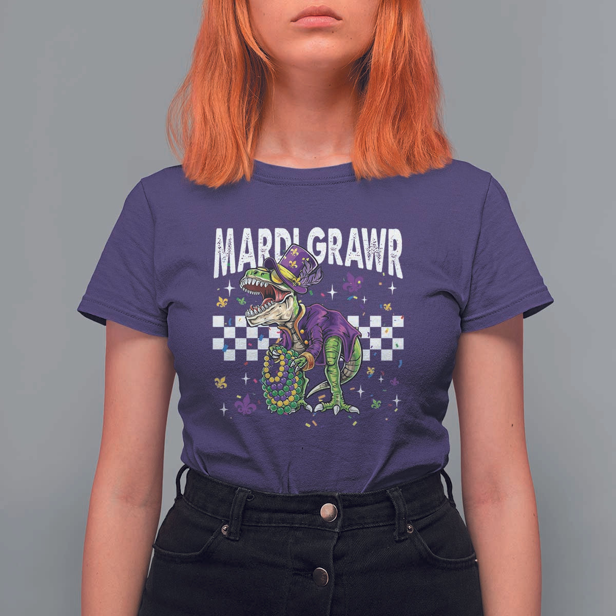 Funny Mardi Gras T-rex Dinosaur T Shirt For Women Mardi Grawr Beads Carnival Party