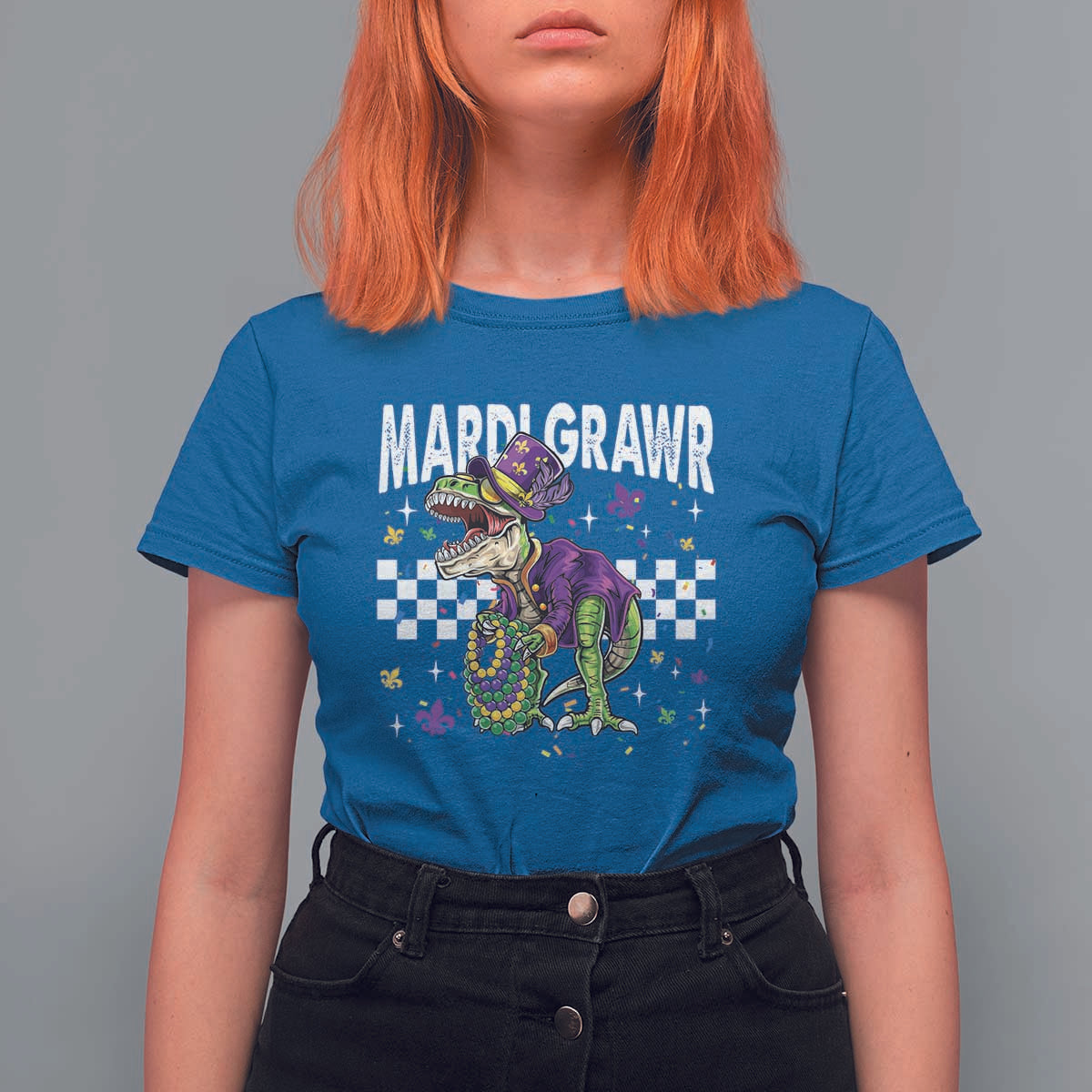 Funny Mardi Gras T-rex Dinosaur T Shirt For Women Mardi Grawr Beads Carnival Party