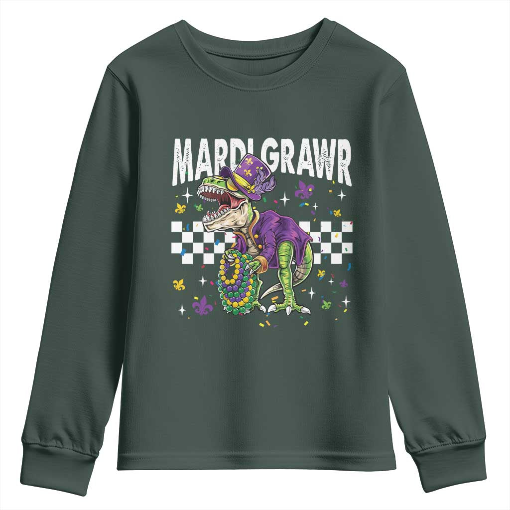 Funny Mardi Gras T-rex Dinosaur Youth Sweatshirt Mardi Grawr Beads Carnival Party