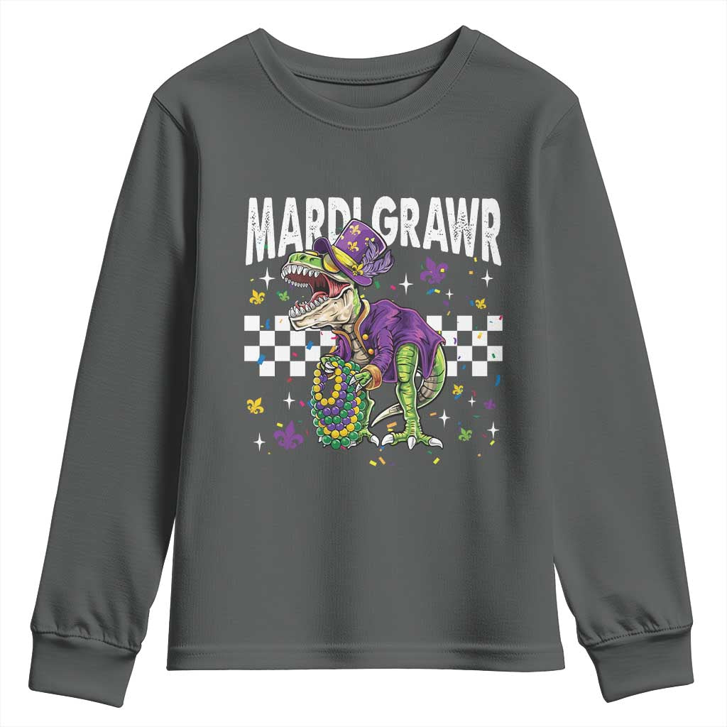 Funny Mardi Gras T-rex Dinosaur Youth Sweatshirt Mardi Grawr Beads Carnival Party