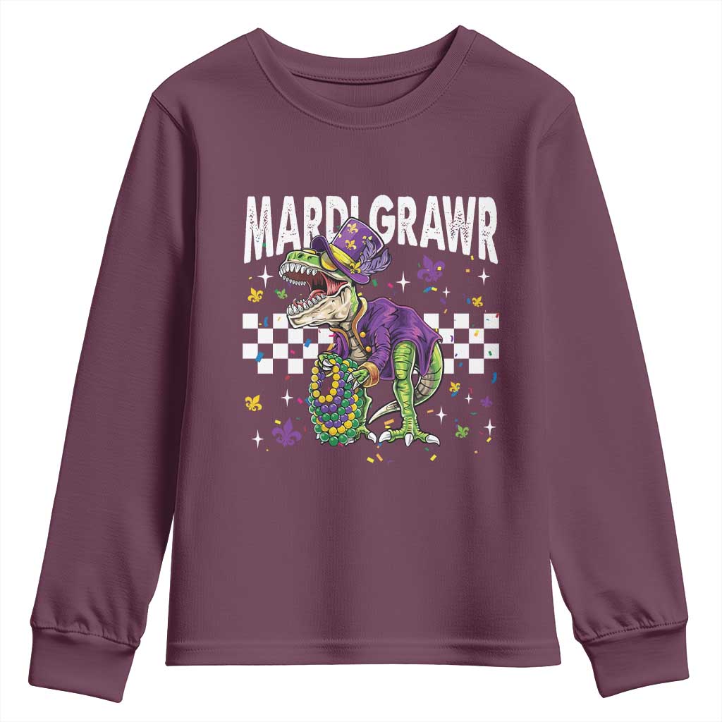 Funny Mardi Gras T-rex Dinosaur Youth Sweatshirt Mardi Grawr Beads Carnival Party