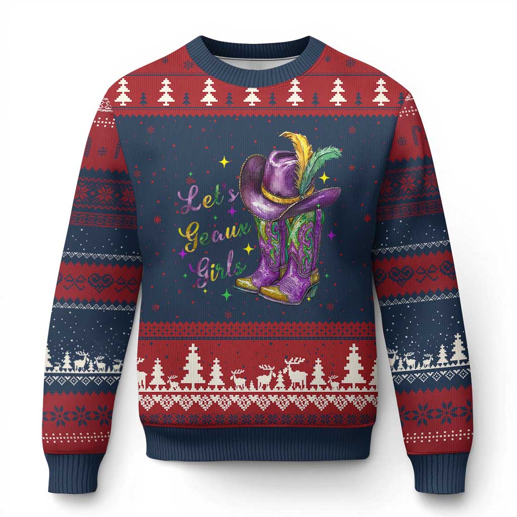 Funny Mardi Gras Cowgirl Ugly Christmas Sweater Let's Geaux Girls Western Cowgirl Boots Carnival