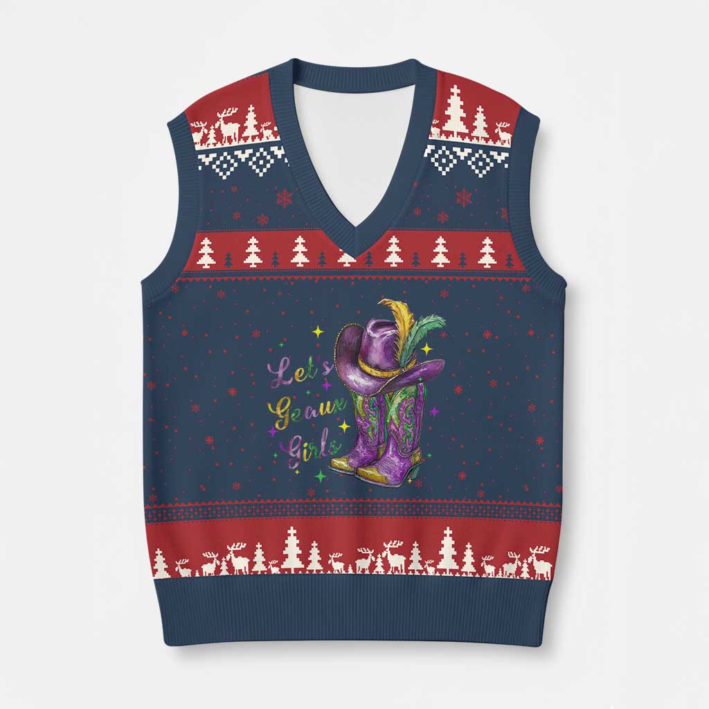 Funny Mardi Gras Cowgirl V-Neck Knit Sweater Vest Let's Geaux Girls Western Cowgirl Boots Carnival