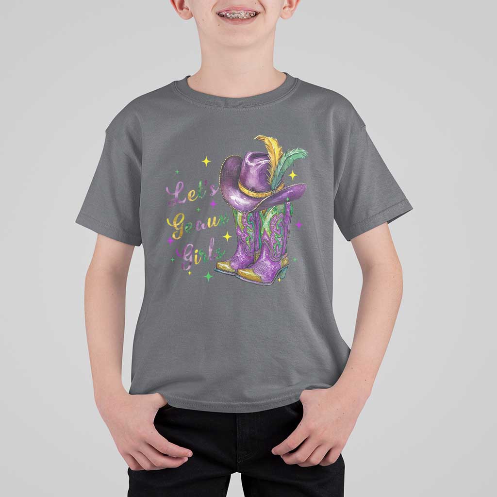 Funny Mardi Gras Cowgirl T Shirt For Kid Let's Geaux Girls Western Cowgirl Boots Carnival