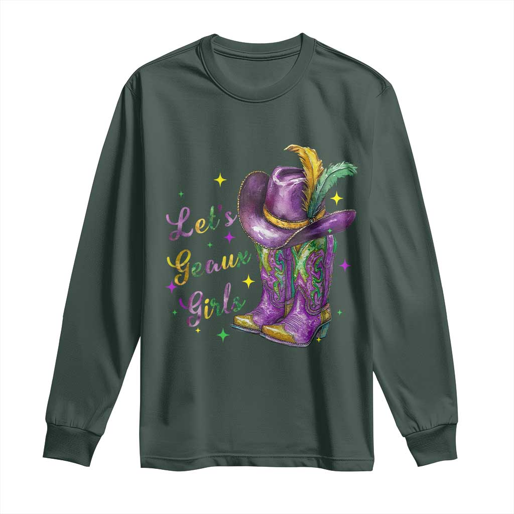 Funny Mardi Gras Cowgirl Long Sleeve Shirt Let's Geaux Girls Western Cowgirl Boots Carnival