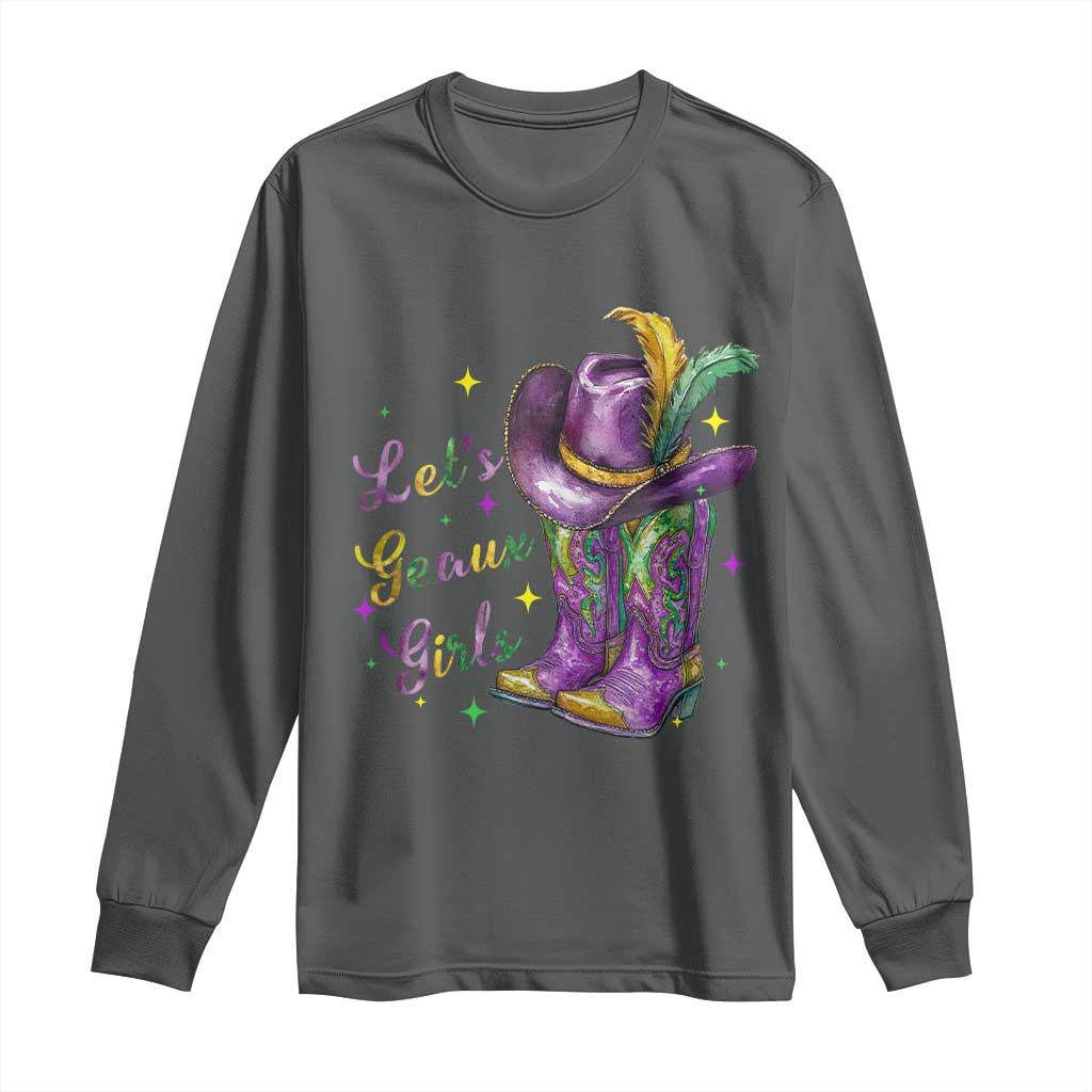 Funny Mardi Gras Cowgirl Long Sleeve Shirt Let's Geaux Girls Western Cowgirl Boots Carnival