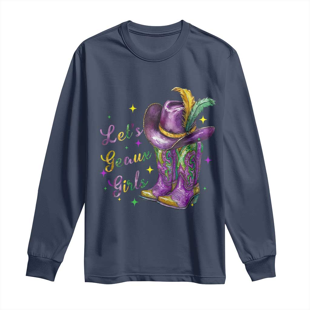 Funny Mardi Gras Cowgirl Long Sleeve Shirt Let's Geaux Girls Western Cowgirl Boots Carnival