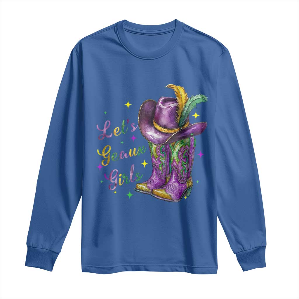 Funny Mardi Gras Cowgirl Long Sleeve Shirt Let's Geaux Girls Western Cowgirl Boots Carnival
