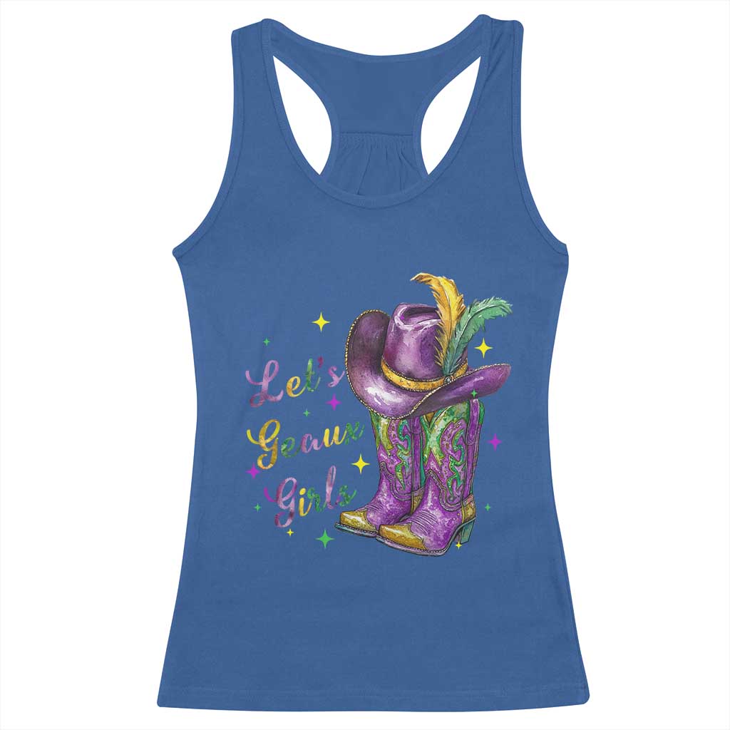 Funny Mardi Gras Cowgirl Racerback Tank Top Let's Geaux Girls Western Cowgirl Boots Carnival