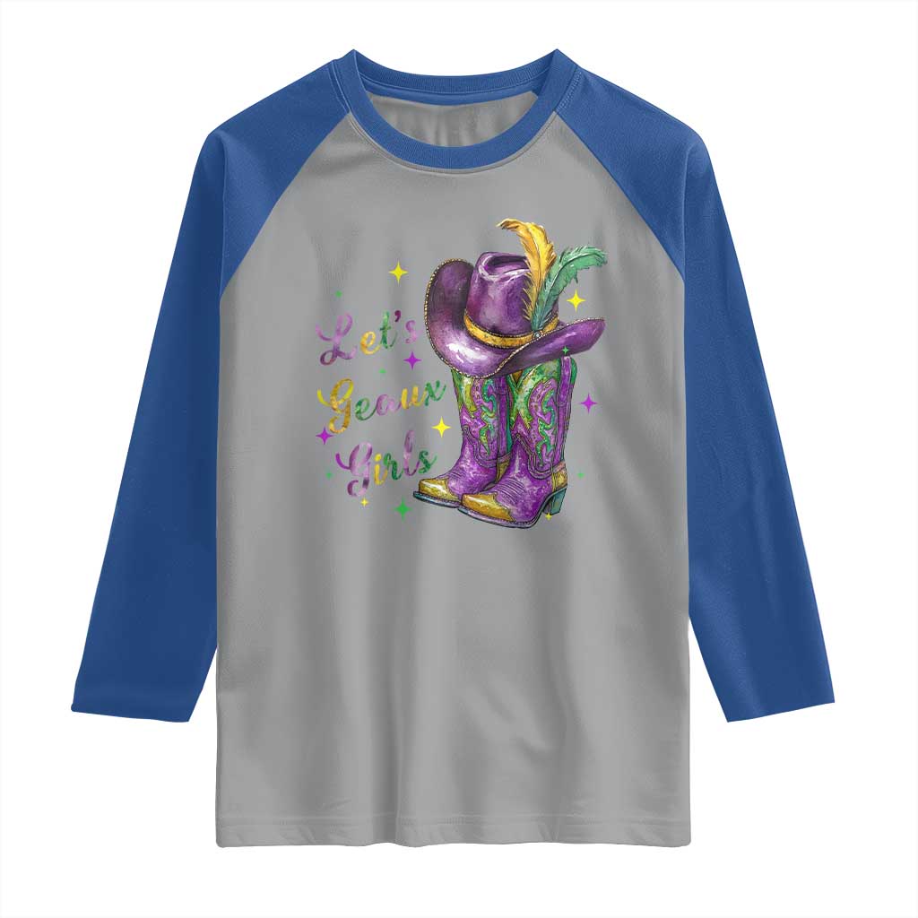 Funny Mardi Gras Cowgirl Raglan Shirt Let's Geaux Girls Western Cowgirl Boots Carnival
